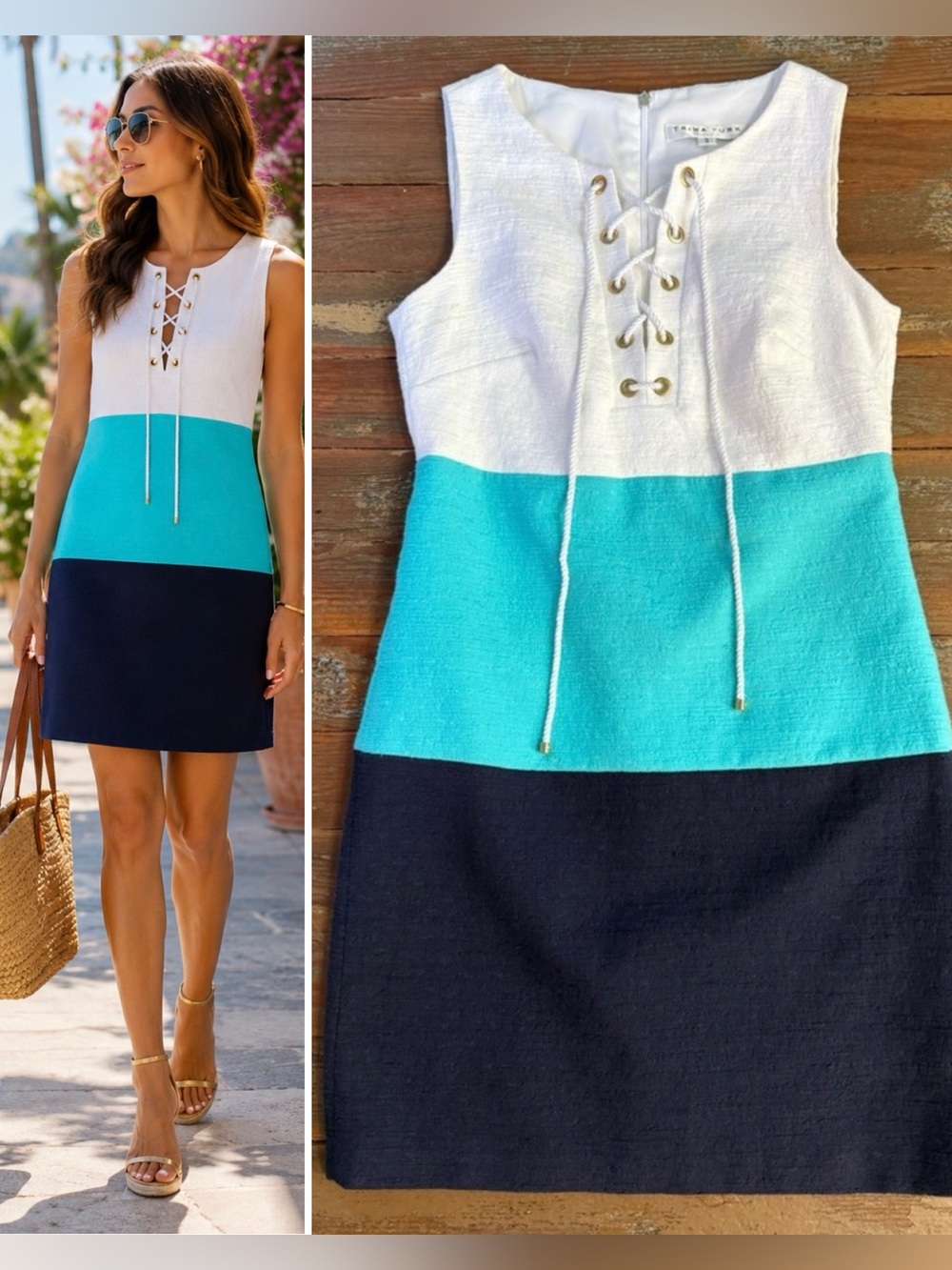 Trina Turk Miss Brady Colorblock Lace-Up Shift Dress ~ Size 2 💛🍄